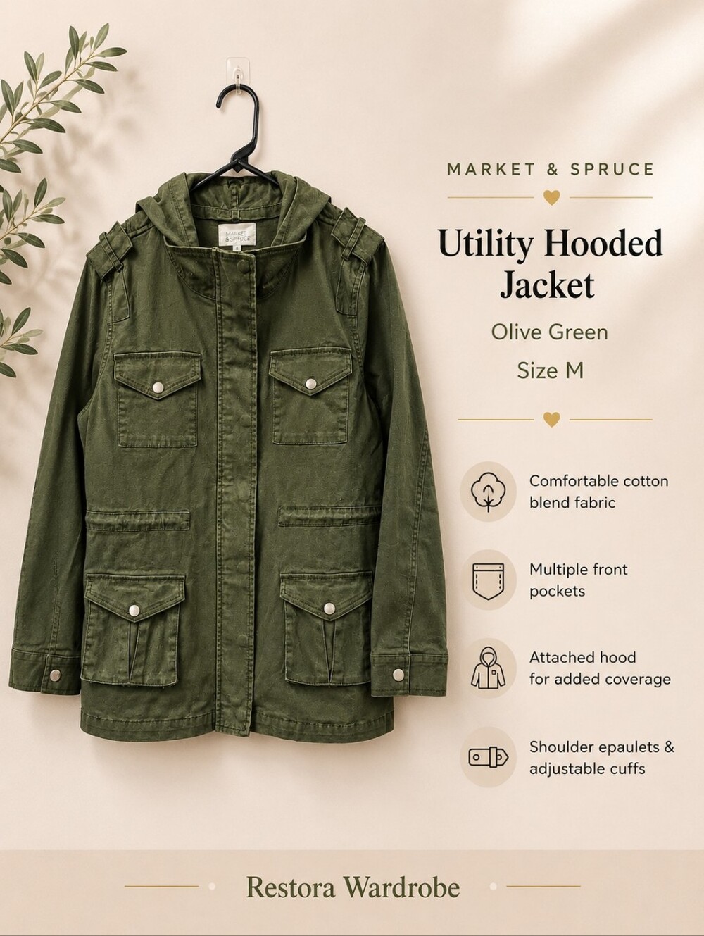 Market & Spruce Olive Green Utility Field Jacket M NWT Gorpcore Cargo Hooded